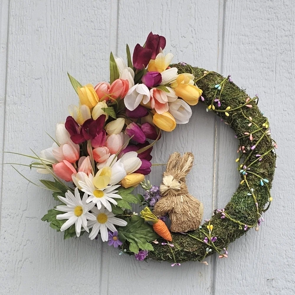 Handmade Spring Floral Easter Wreath with Bunny Moss Covered With Tulips Daisies